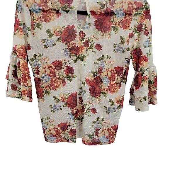 Y2K Blouse XS Cream Blossom Flower Sheer Mesh Tiered Ruffle Sleeve Cottage Core - Picture 11 of 11